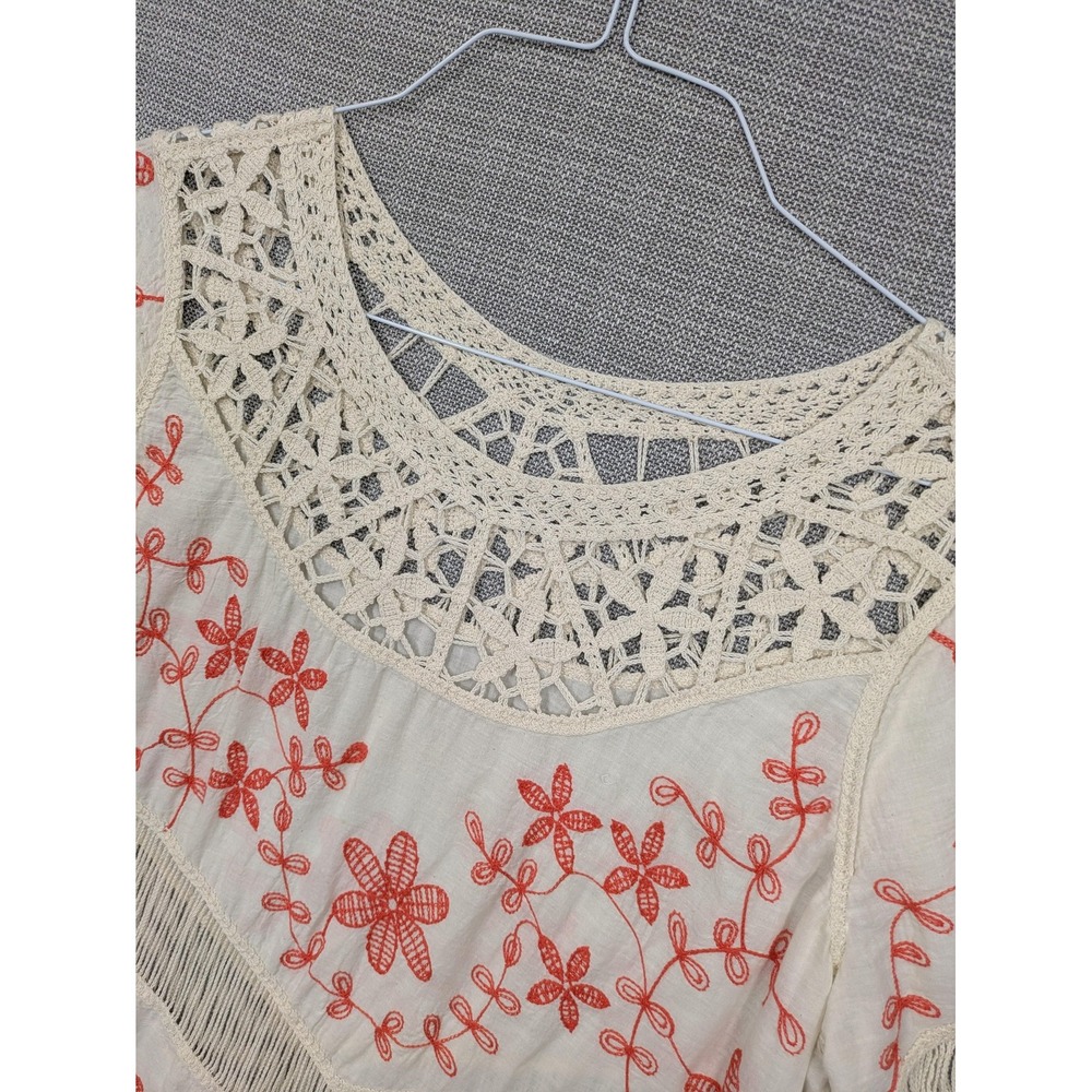 Boho Festival Embroidered Crochet Fringe Tunic Western Hippie Blouse M